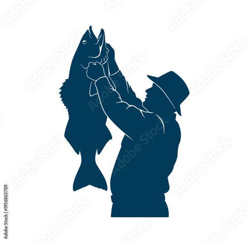 Man holding up a large fish in triumph outdoors  recreational fishing activity