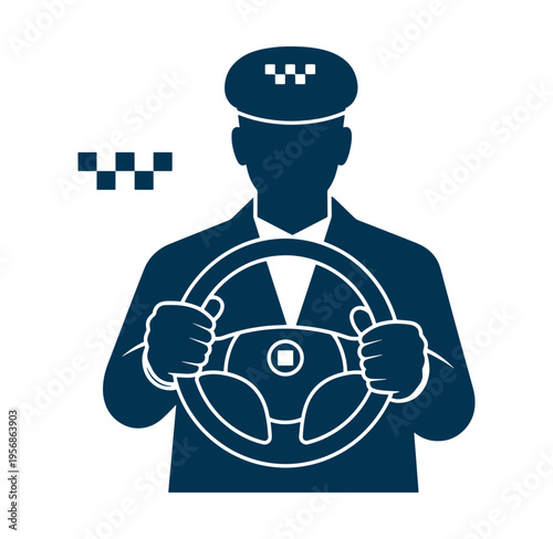man in uniform holding a steering wheel and wearing a cap with a checkered flag on it