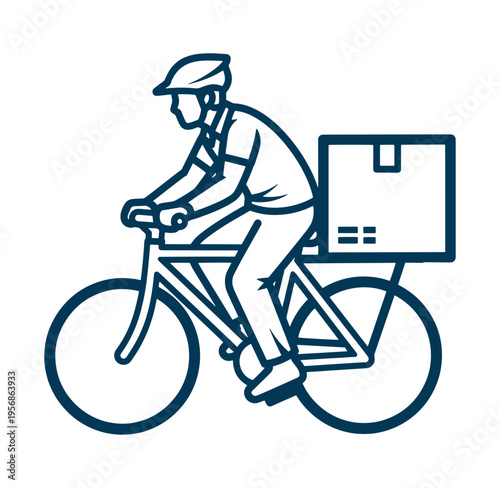Man riding bicycle with box on back rack delivering food or packages quickly outdoors