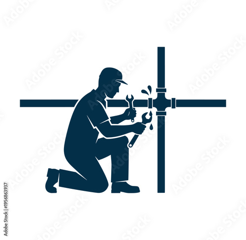 Man working on pipe with wrench kneeling down on one knee repairing plumbing system