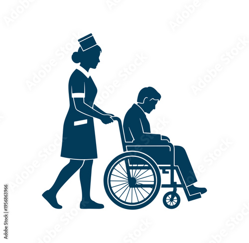 Nurse pushing elderly patient in wheelchair for healthcare assistance and mobility support