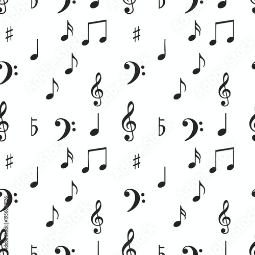Seamless pattern of black musical notes, sharps, and clefs on a white background