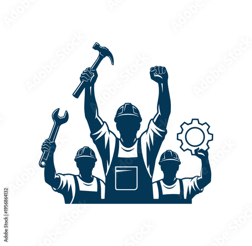 Three workers with tools celebrating victory  workers with hammer wrench and gear