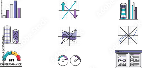 Data Analytics and Business Performance Icon Set Featuring Charts, Graphs, KPI Metrics, Statistical Analysis, Growth Trends, and Financial Visualization Concepts