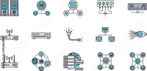 Network Infrastructure and Data Communication Icon Set Featuring Servers, Wireless Connectivity, LAN Systems, Cloud Storage, Internet Technology, and Digital Network Architecture Concepts