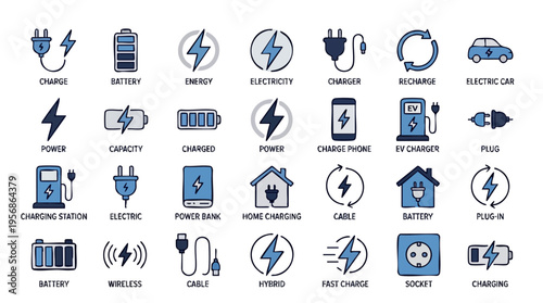 Collection of electric vehicle charging icons and battery symbols for sustainable energy and vehicle infrastructure concepts