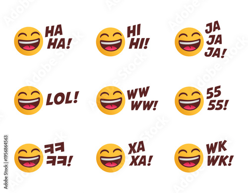 Cute Laughing Emoji Set with Global Slang Text. Social media emoji 