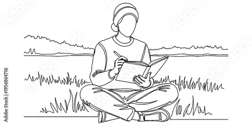 Continuous line drawing of woman sitting in field writing notebook