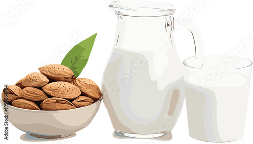 Almond Milk with Almonds and Fresh Leaves in Glass and Jar for Vegan, Healthy, and Plant-Based Lifestyle Designs