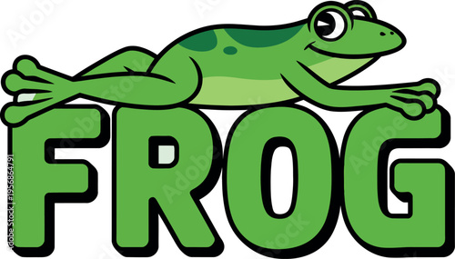 A cheerful green frog is shown in a relaxed lounging position atop the word "FROG" in bold green letters.