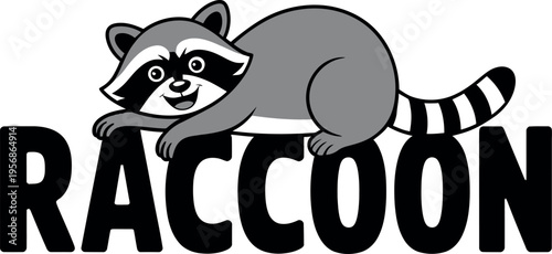 A smiling raccoon with its characteristic grey and black facial mask is perched over the word "RACCOON" in large letters. 