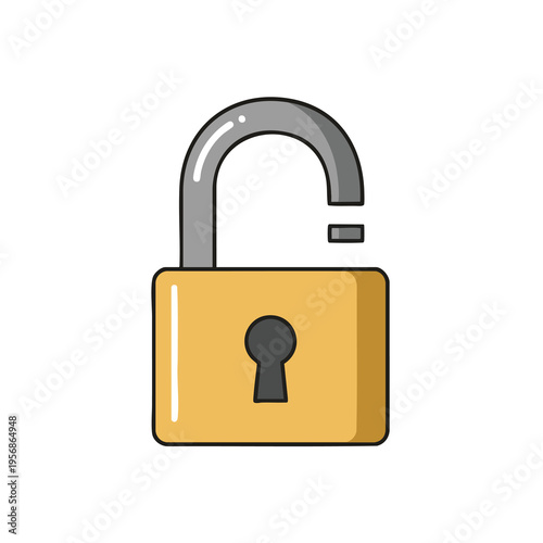 A simple yellow padlock with a gray shackle is shown unlocked