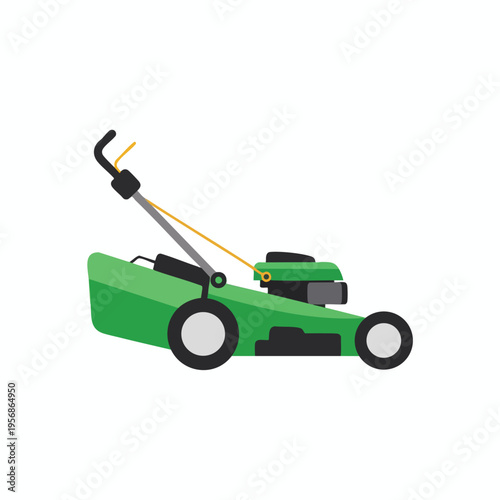 Green lawnmower with black handle and gray wheels on white background