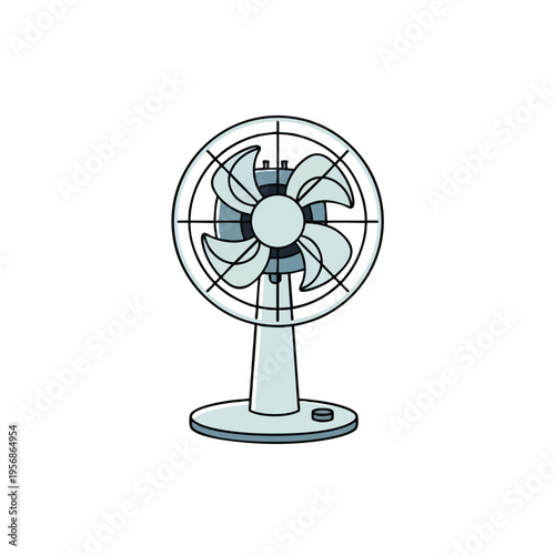 A simple, stylized illustration of a pale blue table fan on a white background
