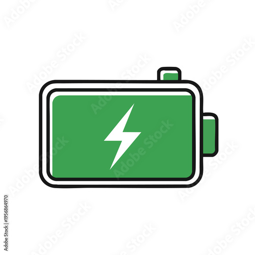 Rectangular battery icon with green fill, white lightning bolt, and black border