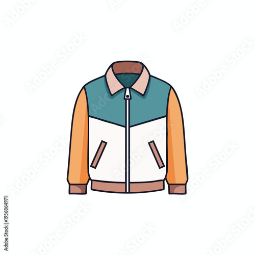 A stylized, flat illustration of a multi-colored jacket with a zipper and pockets