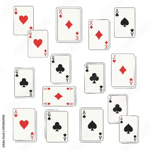A scattered collection of illustrated playing cards, featuring Aces, Kings, Queens, and Jacks in various suits