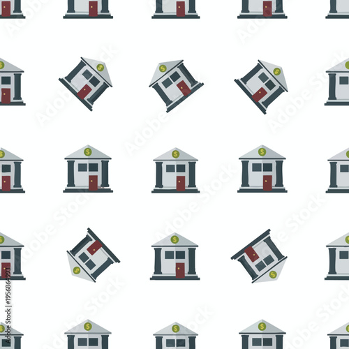 A seamless pattern of simplified bank buildings with dollar signs and columns