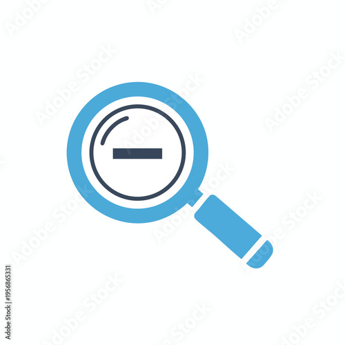 A stylized magnifying glass icon with a minus sign inside the lens, set against a white background