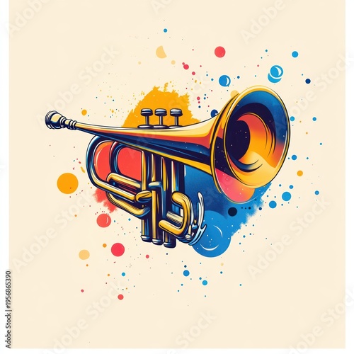vibrant brass trumpet with colorful paint splatters and dots on a beige background, evoking lively celebratory energy