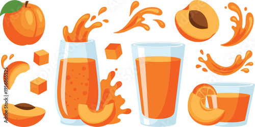 Apricot Juice Splash Collection with Fresh Fruit Slices Cubes and Glass Drinks Vector Illustration Set for Healthy Beverage Design and Summer Refreshment