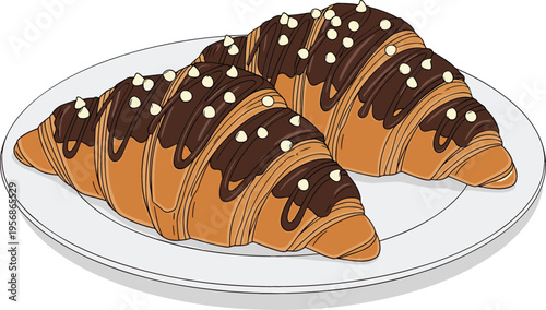 Chocolate topped croissants on plate vector illustration delicious french pastry dessert with chocolate glaze and sprinkles bakery breakfast food