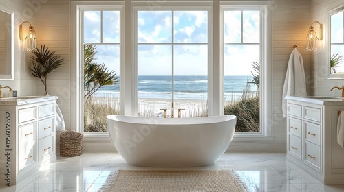Bright serene coastal bathroom with freestanding bathtub centered before three large windows overlooking sandy beach and ocean, double vanities, gold fixtures and natural accents