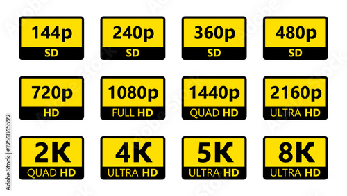 video resolution label collection, 4k ultra hd icon, 2k quad hd symbol, 1080p full hd sticker