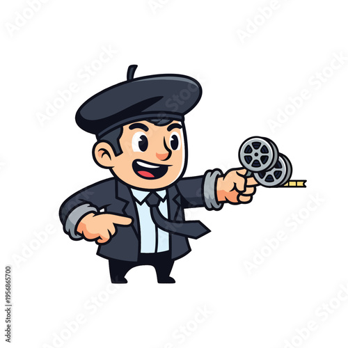 Energetic cartoon director character holding film reels, cinematic production vector illustration.