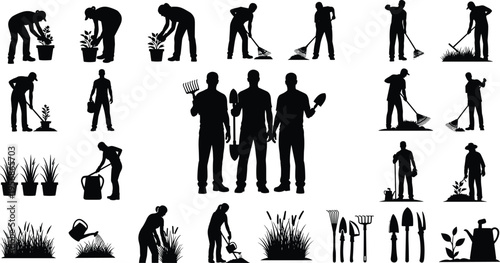 Silhouette collection of gardeners with tools, planting, watering, raking, and digging, representing outdoor plant care, manual labor, and gardening activities in black icons.
