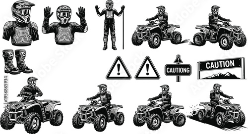 ATV Racing and Safety Gear Icon Set Featuring Riders, Helmets, Boots, Warning Signs, and Caution Symbols for Extreme Sports and Off-Road Adventure Designs
