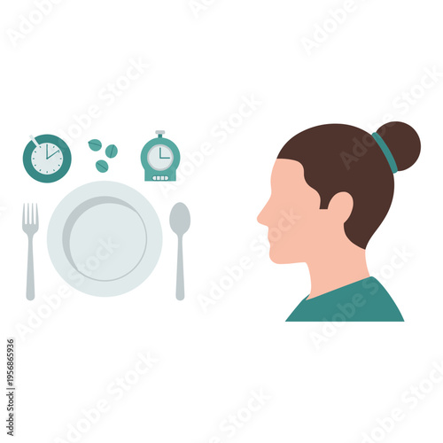 Vector illustration of woman with plate and clocks for time restricted eating