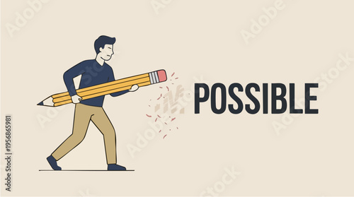 Creative illustration of a man holding a giant pencil with the word Possible representing innovative ideas and endless opportunities