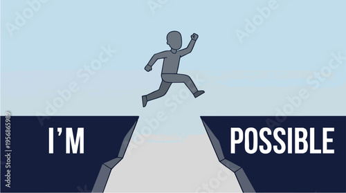 Creative illustration of a person jumping across a gap with the words I'm possible, symbolizing overcoming challenges and achieving success
