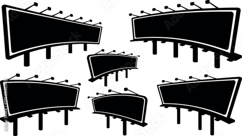 A group of five identical black billboard signs with white outlines and posts on a plain white background in a symmetrical pattern