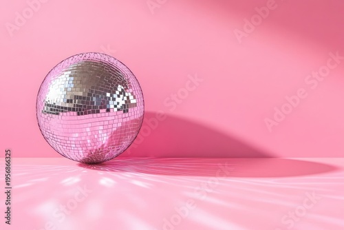 Wallpaper Mural shiny mirrored disco ball on pink floor and wall casting sparkling reflections and a soft shadow, playful glamorous retro vibe Torontodigital.ca