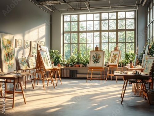 sunlit art studio with wooden easels displaying botanical and floral paintings, potted plants along large grid windows, warm peaceful creative atmosphere