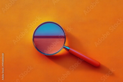 red-handled magnifying glass on bright orange textured background revealing a calm blue sky and sandy horizon in the lens, evoking quiet curiosity and playful wonder