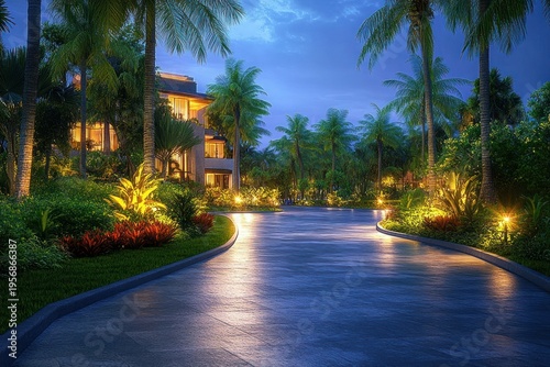 glowing tropical driveway and garden leading to an illuminated modern villa at dusk, serene and inviting atmosphere