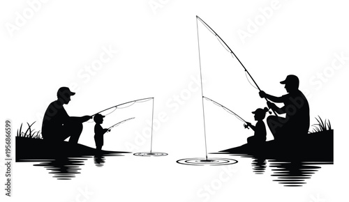 Silhouette of Men and Boy Fishing Vector Illustration