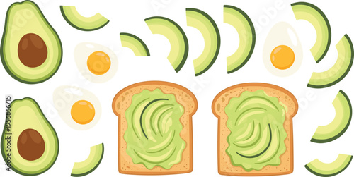 Avocado Toast with Sliced Avocados, Fried Eggs, and Toasted Bread for Healthy Breakfast and Brunch Food Designs