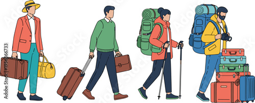 Stylized illustration of four travelers with luggage, backpacks, and cameras, representing business, leisure, and adventure travel through diverse clothing and gear.