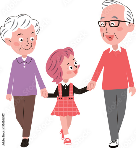 Print笑顔のシニア夫婦が女児と手を繋いで散歩している