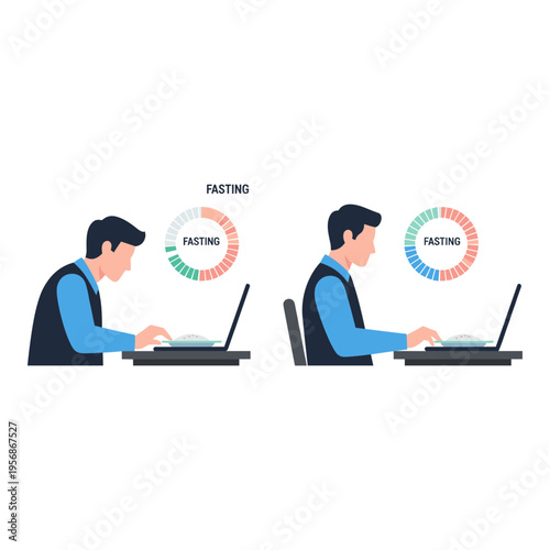 Vector illustration of man working on laptop with fasting schedule