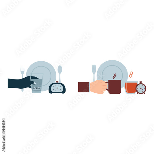 Vector illustration of breakfast icons with hands and utensils