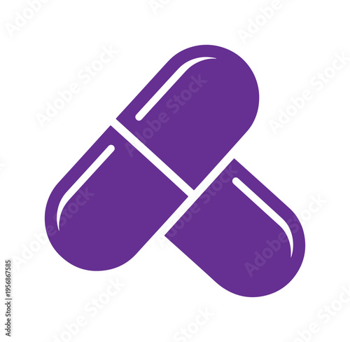 Purple capsule pills icon crossed over each other  medical health symbol