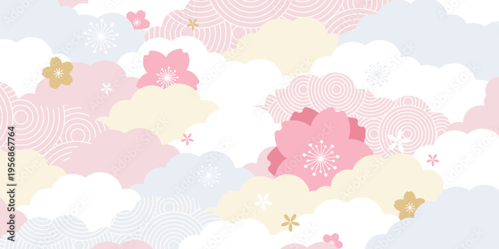 Fototapeta premium Spring Japanese Cherry blossom flower background vector. Sakura floral Wallpaper design of elegant gold line cherry blossom flower, branch. Illustration for banner, wall decoration, backdrop, ads.