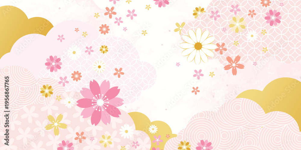 Fototapeta premium Spring Japanese Cherry blossom flower background vector. Sakura floral Wallpaper design of elegant gold line cherry blossom flower, branch. Illustration for banner, wall decoration, backdrop, ads.