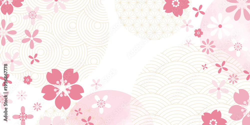 Naklejka premium Spring Japanese Cherry blossom flower background vector. Sakura floral Wallpaper design of elegant gold line cherry blossom flower, branch. Illustration for banner, wall decoration, backdrop, ads.
