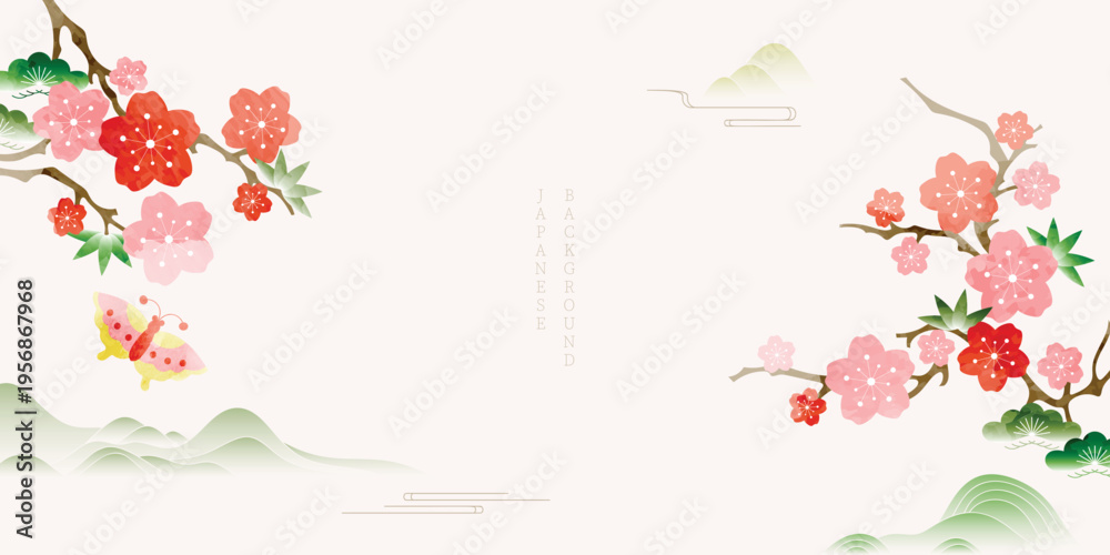 Fototapeta premium Spring Japanese Cherry blossom flower background vector. Sakura floral Wallpaper design of elegant gold line cherry blossom flower, branch. Illustration for banner, wall decoration, backdrop, ads.